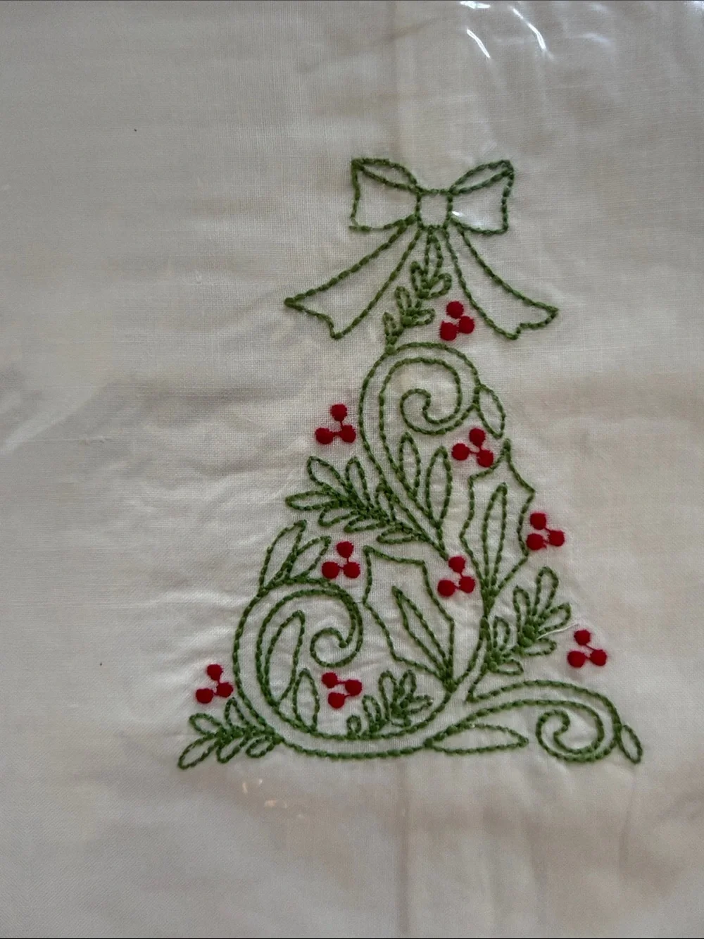 Lady Primrose set of 6 - Embroidered Holly Tree White Linen Tea Towels